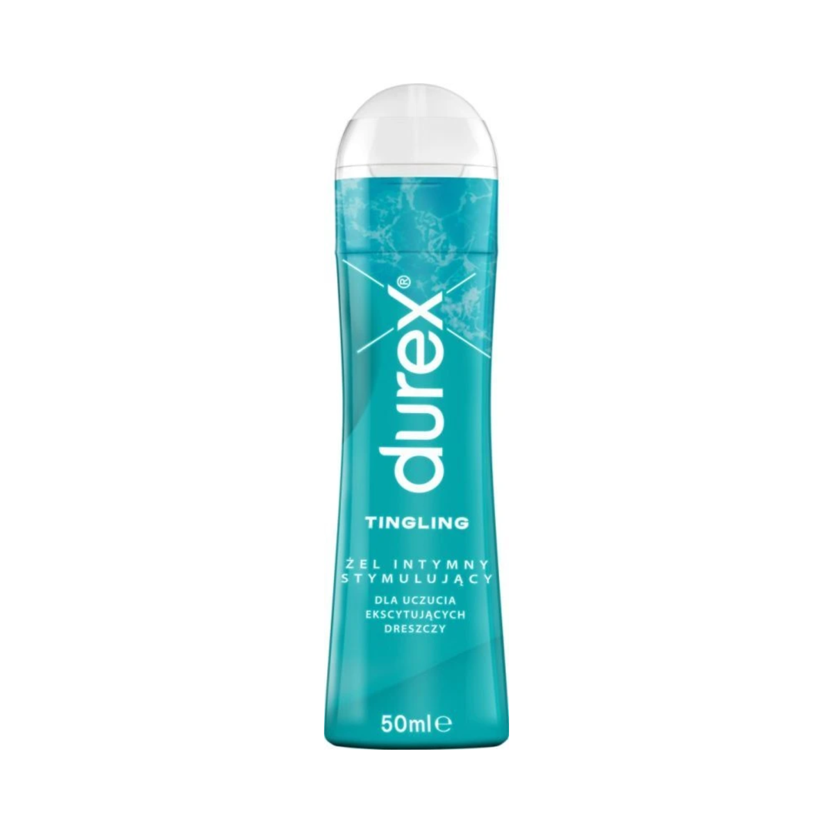 A clear product shot of a blue 50ml Durex Tingle Lube bottle on a white background, featuring the Durex logo and text in English and Polish. Main image
