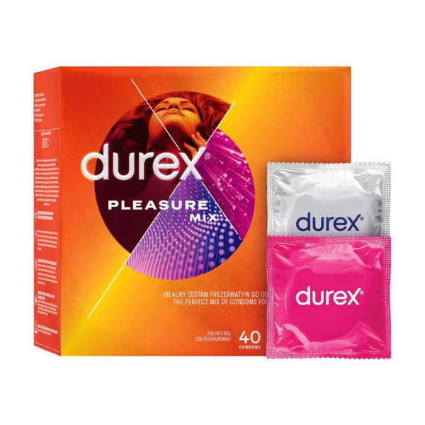 An image of a Durex Pleasure Mix condom box. Next to the box, two individual condom wrappers are stacked on top of each other. The box is a gradient orange colour. The front features a large "durex" logo in white and "PLEASURE MIX" underneath in smaller letters. The bottom right corner of the box is labeled with a white circle indicating "40 CONDOMS". To the right of the box, two condom wrappers are placed vertically. The top one is silver, and the bottom one is pink.