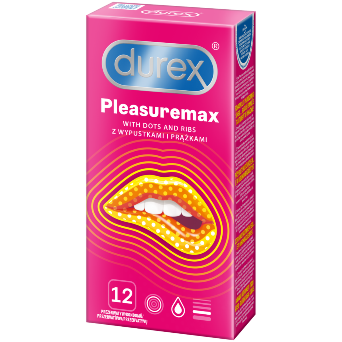 Angled image of a pink Durex Pleasuremax condom box for 12, labeled 'With dots and ribs,' showing a graphic of lips. Main image