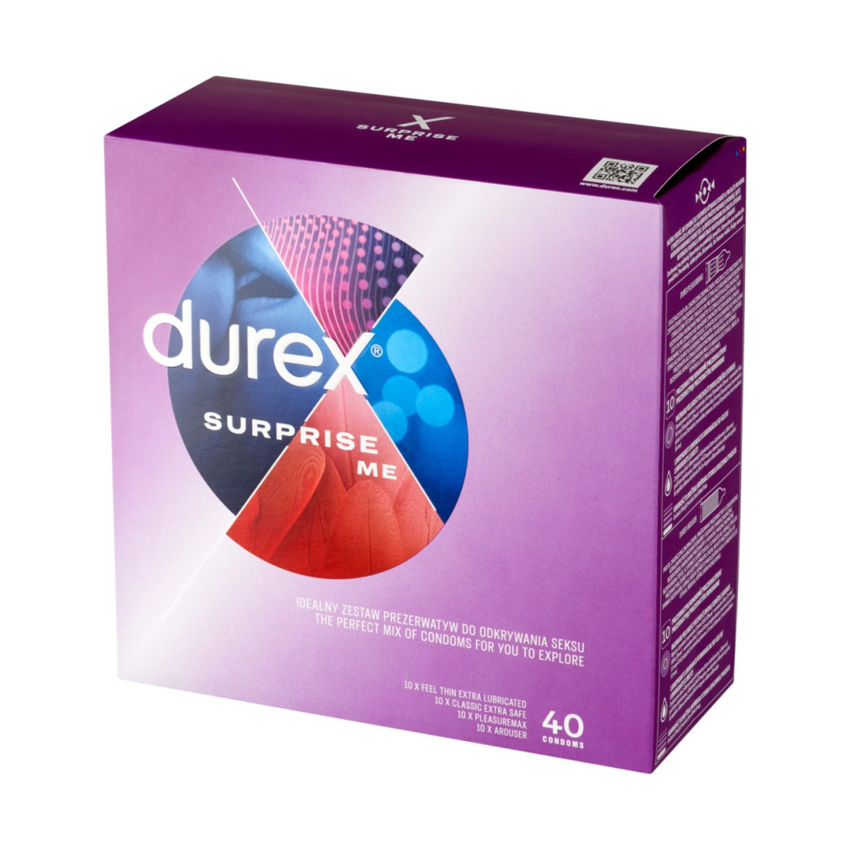 A Durex Surprise Me condom box is shown in the white background. The box is purple with the word "durex" at the top, and "SURPRISE ME". At the bottom of the box, text reads, "The perfect mix of condoms for you to explore," and lists four types of condoms. Main image