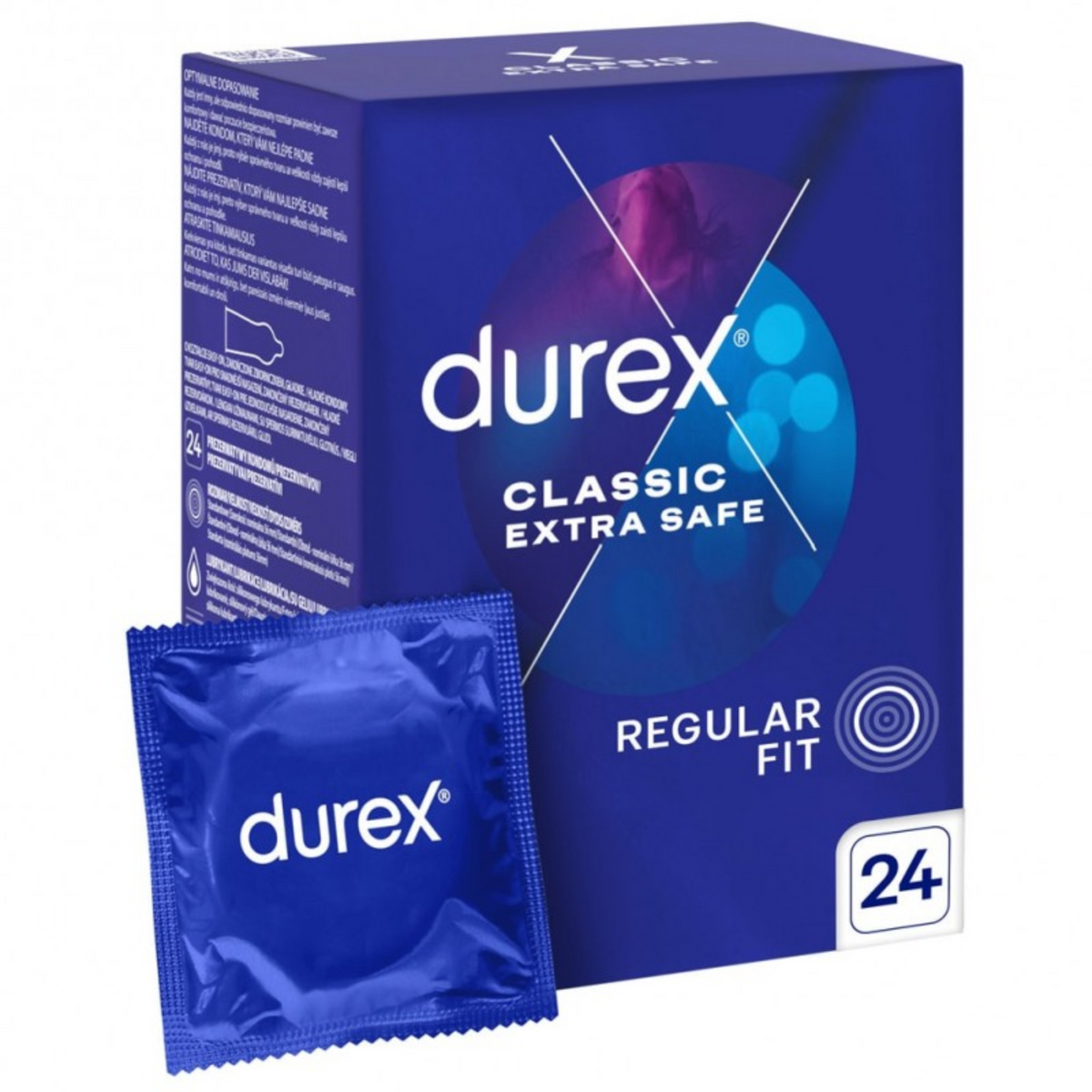 The front of a blue Durex Extra Safe condom box. It features a circular graphic of purple and blue light bokeh at the top. Text indicates "Regular Fit" and contains 24 condoms. Main image