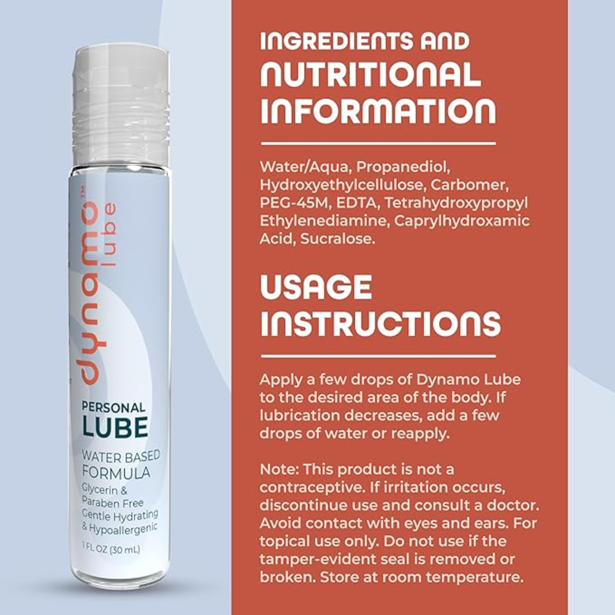 Informational product graphic showing the 1 fl oz bottle alongside listed ingredients (including Propanediol and Hydroxyethylcellulose) and usage instructions.