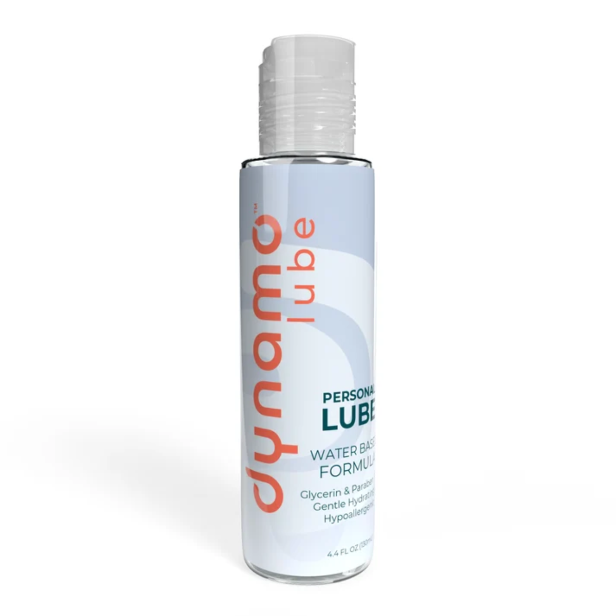 Direct studio shot of the larger 4.4 fl oz (130 ml) bottle of Dynamo Water Based Personal Lube with a clear cap and orange and teal branding.