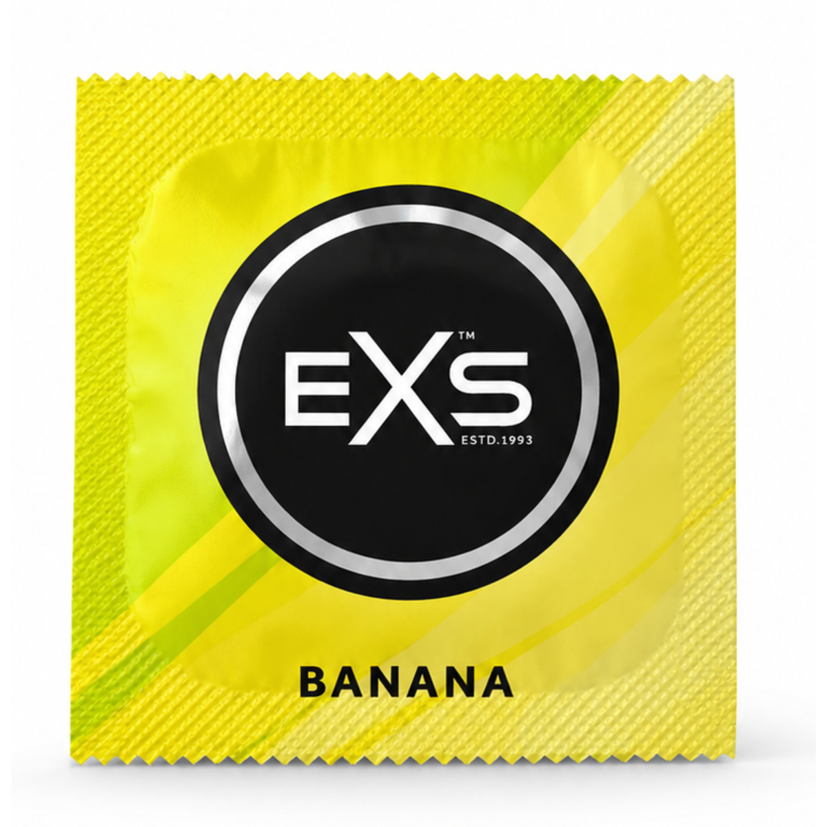 Front view of a single bright yellow EXS Banana Flavored condom foil wrapper centered against a clean white background. Main image