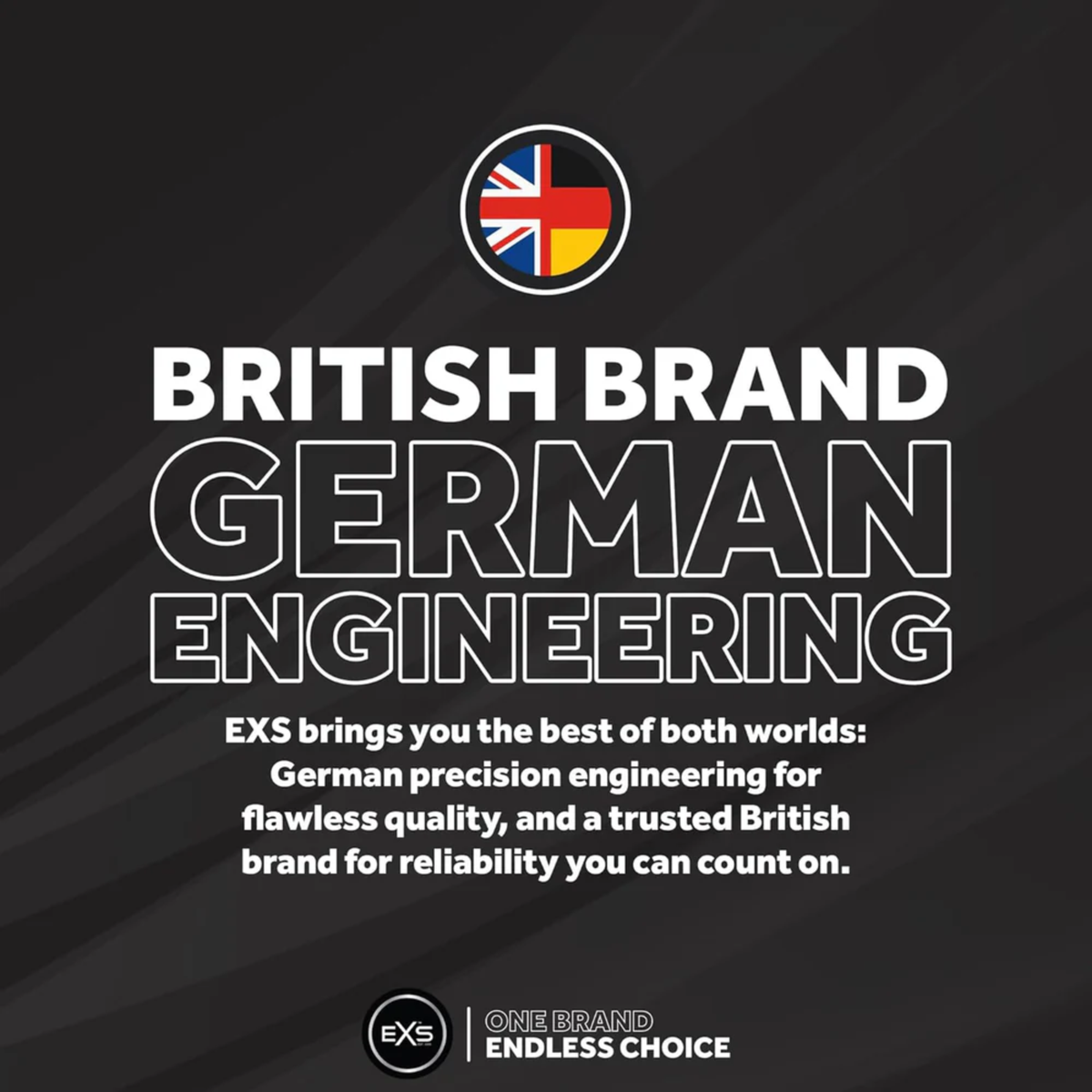 A promotional graphic featuring a combined Union Jack and German flag emblem at the top. Bold text reads "BRITISH BRAND GERMAN ENGINEERING," explaining the combination of German precision engineering with British brand reliability on a dark background.