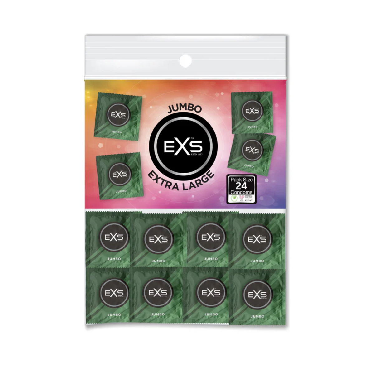 The retail packaging for the EXS Jumbo Extra Large condoms. It is a clear poly-bag containing 24 individually wrapped condoms. The header of the bag features a vibrant, colorful gradient background with the EXS logo in a large circle and a "Pack Size 24 Condoms" badge. Below the header, several green and black condom wrappers are visible, arranged in neat rows. Main image