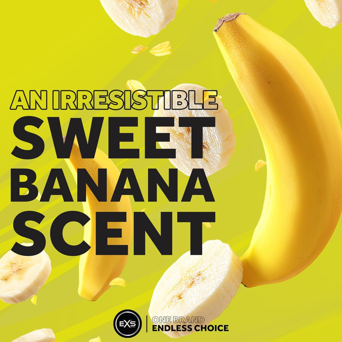 Promotional graphic featuring a whole yellow banana alongside floating banana slices against a bright yellow background. Bold text overlay reads "AN IRRESISTIBLE SWEET BANANA SCENT".