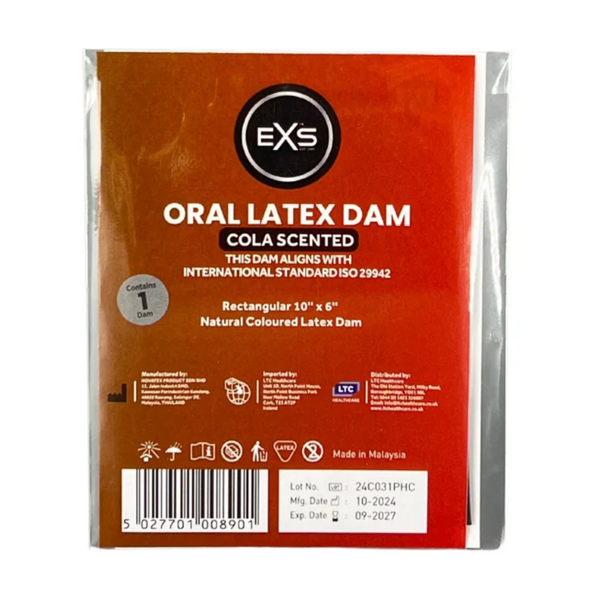 Front view of a single-pack brown and red-orange EXS Cola Scented Oral Latex Dam in clear plastic packaging, featuring white product text, dimensions (10" x 6"), safety icons, and a barcode at the bottom.
