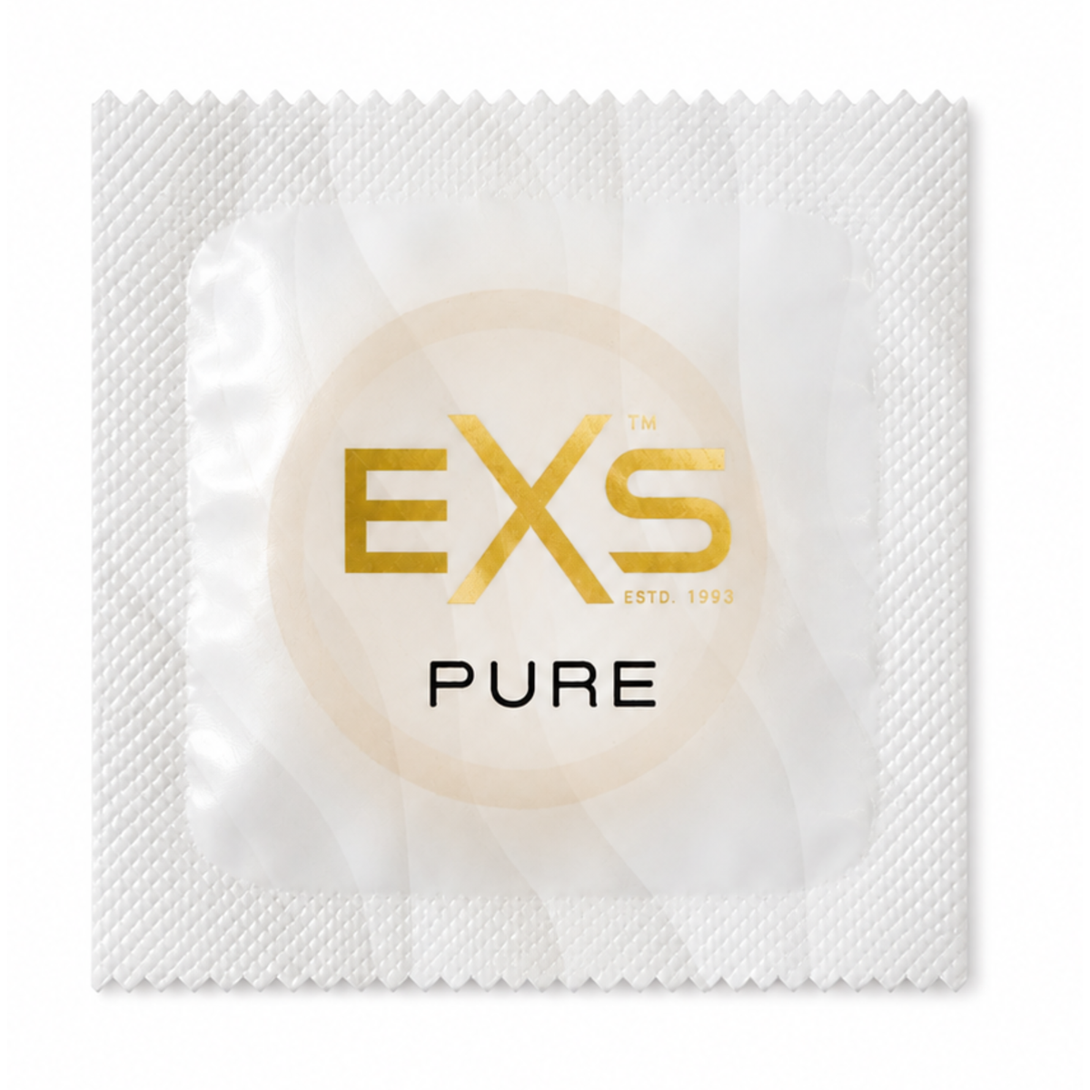 Close-up front view of a single semi-translucent white EXS Pure condom foil wrapper featuring gold lettering for the EXS logo and the word "PURE" written below. Main image