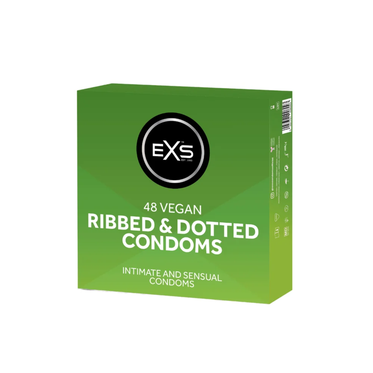 Studio product shot showing the bright green bulk box of EXS 48 Vegan Ribbed & Dotted Condoms standing at a three-quarter angle against a white background. Main image