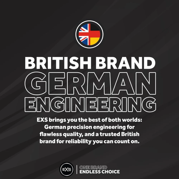 A promotional graphic featuring a combined Union Jack and German flag emblem at the top. Bold text reads "BRITISH BRAND GERMAN ENGINEERING," explaining the combination of German precision engineering with British brand reliability on a dark textured background.