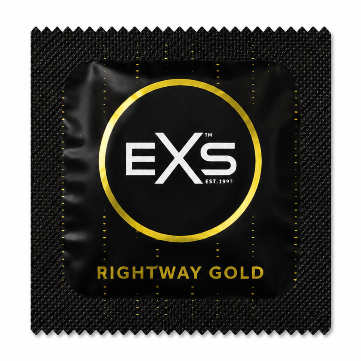 Front view of a single black and gold EXS Rightway Gold condom foil wrapper centered against a plain white background. Main image