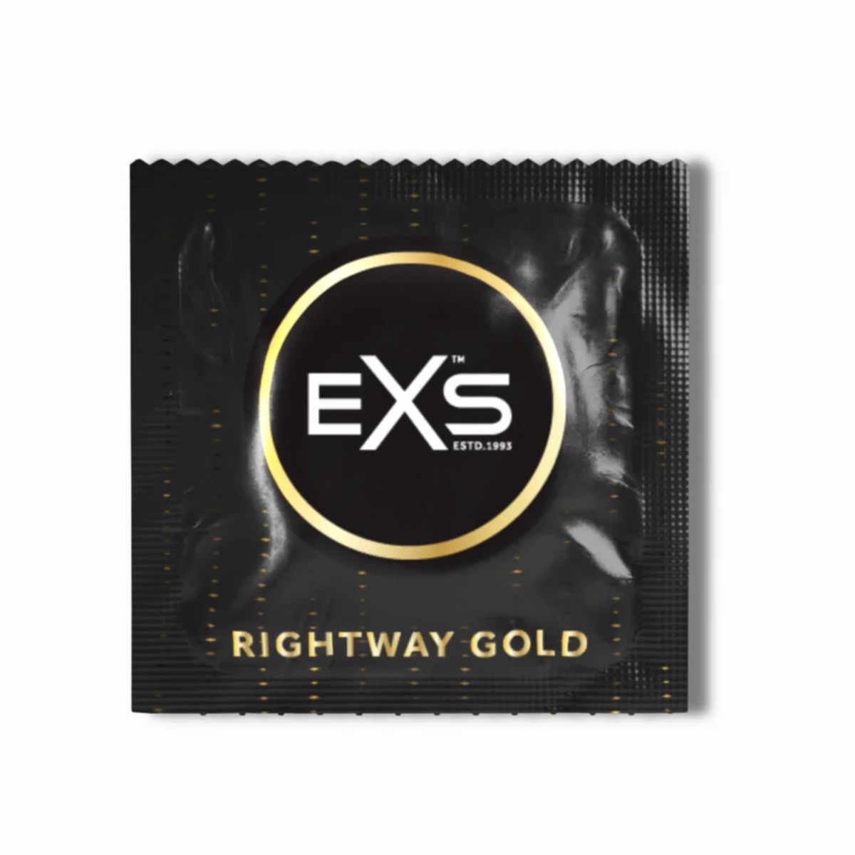 Close-up of a single black and gold foil wrapper for an EXS Rightway Gold condom.