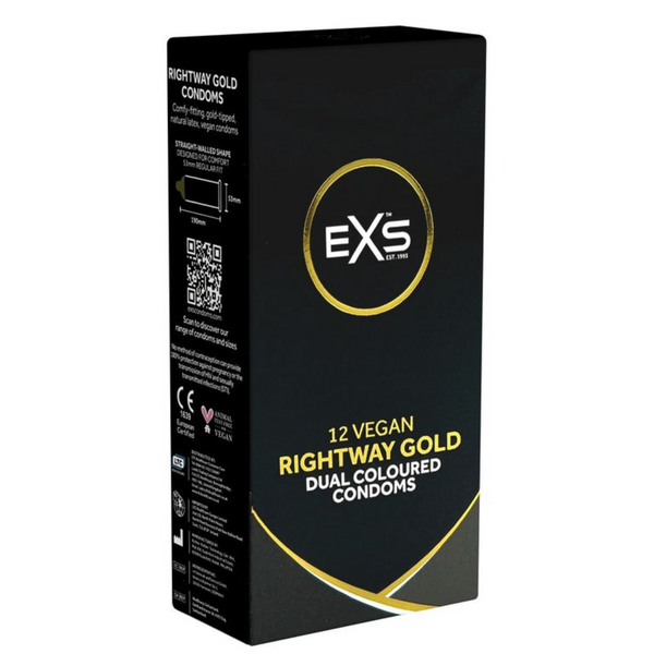 Side view of the black and gold retail box for EXS Rightway Gold Dual Colored Condoms, showing product details including the straight-walled shape, dimensions (53mm regular fit), CE mark, and the vegan logo.