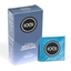 Studio product shot showing the blue box of EXS 12 Vegan Snug Fit Condoms standing next to a single sealed blue foil wrapper against a plain white background.