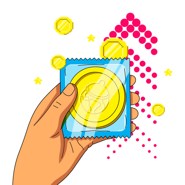Illustration of a hand holding a condom with a baby illustration, surrounded by pink dots and yellow coins on a white background.