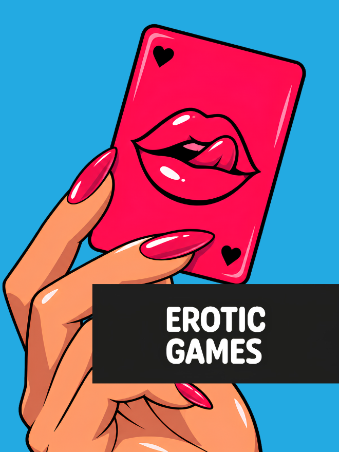 Hand holding a bright pink playing card featuring lips and heart symbols on a blue background.