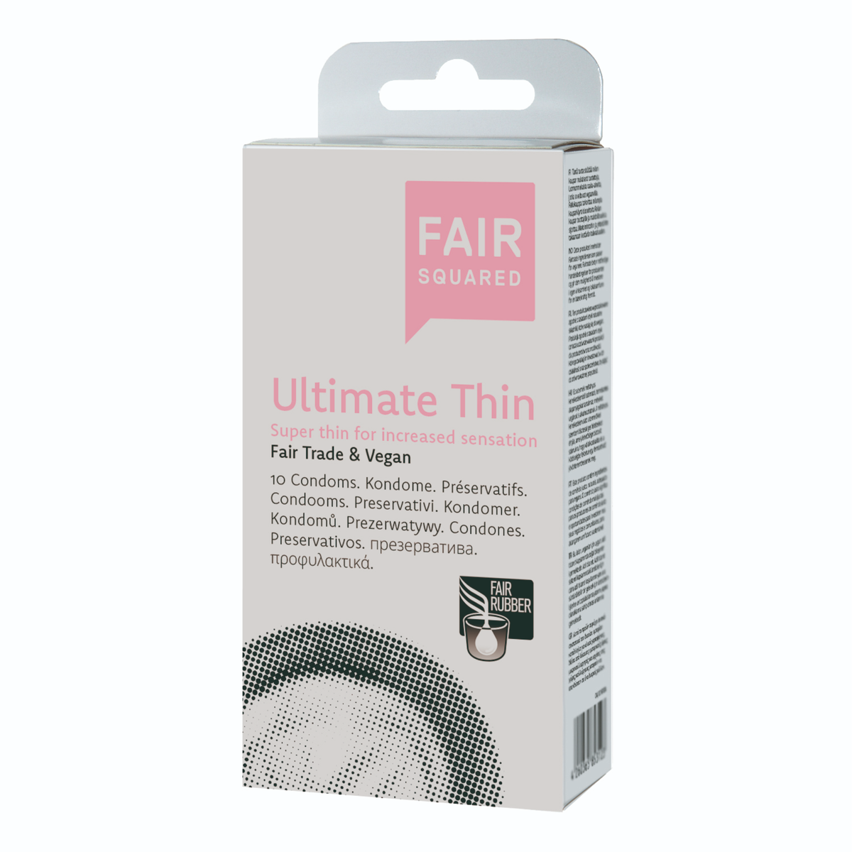 Studio product shot of the light gray Fair Squared Ultimate Thin 10-pack box standing at a three-quarter angle against a white background, featuring pink branding and the Fair Rubber logo. Main image