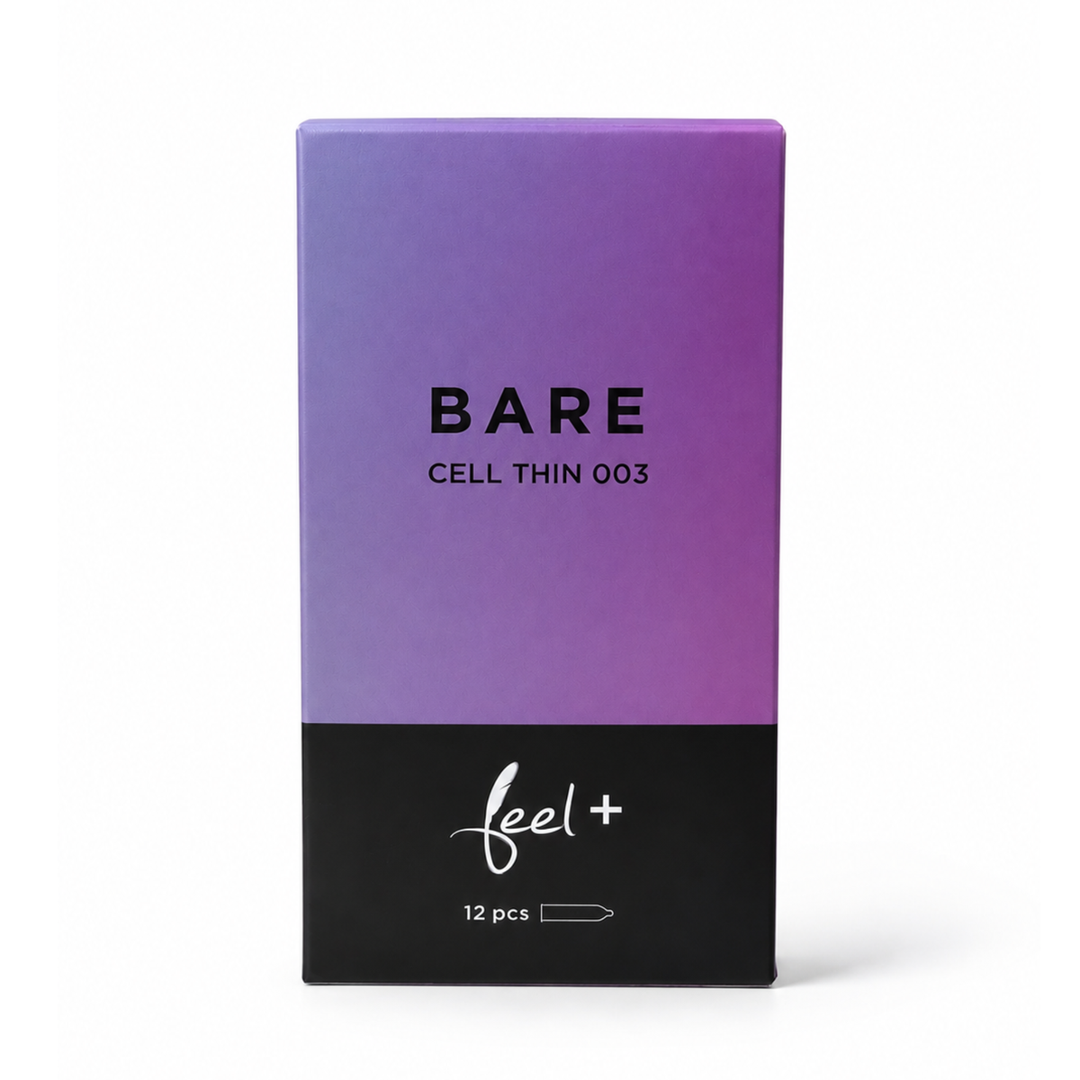 Studio product shot of the Feel Bare Cell Thin 003 Condoms 12-pack box standing upright at a three-quarter angle against a white background, featuring a pastel blue-to-pink gradient top half and a black base with white typography. Main image