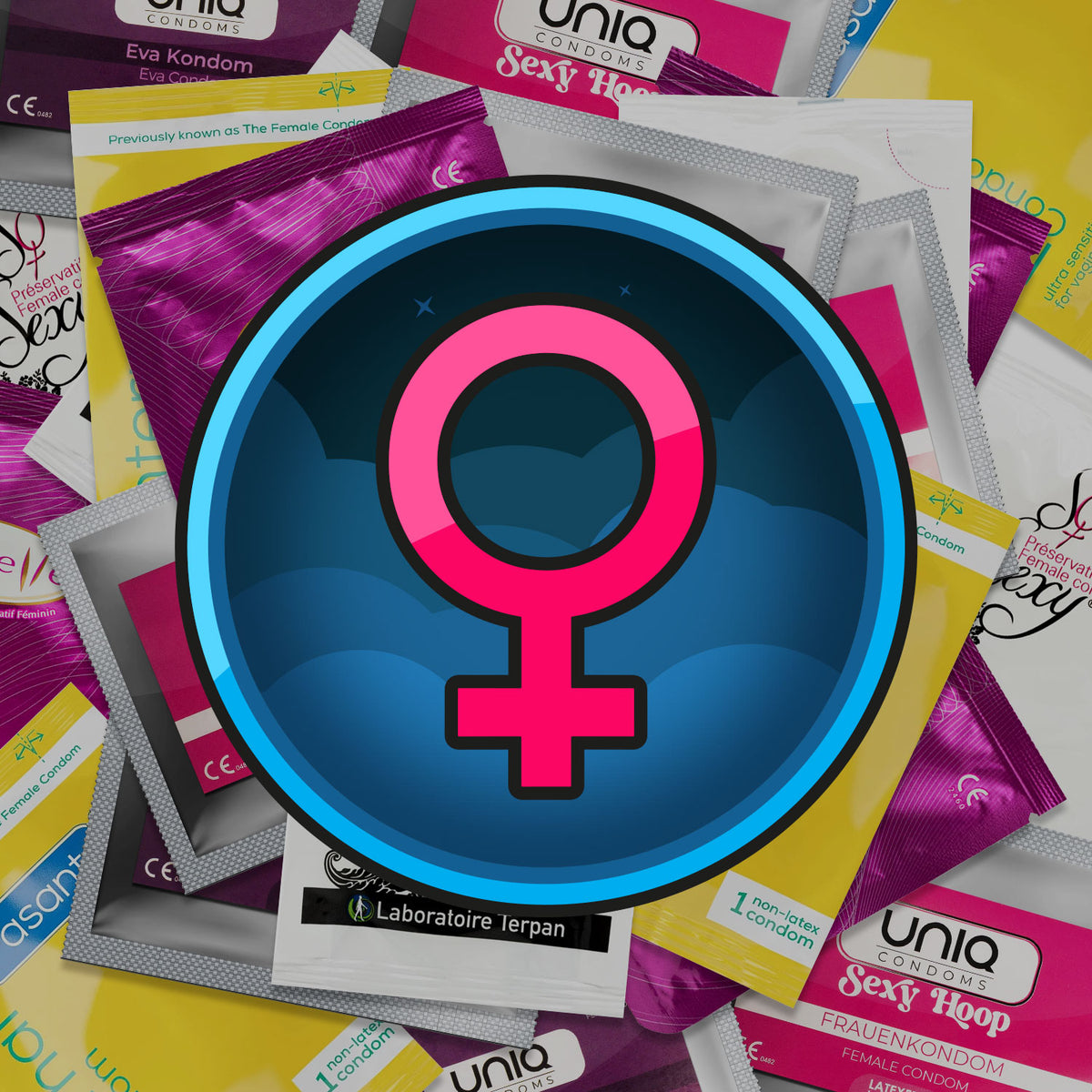 Condom packages with a prominent female symbol in the center Main image