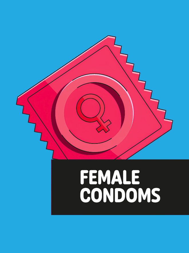 Pink female condom package on a blue background with a female symbol.