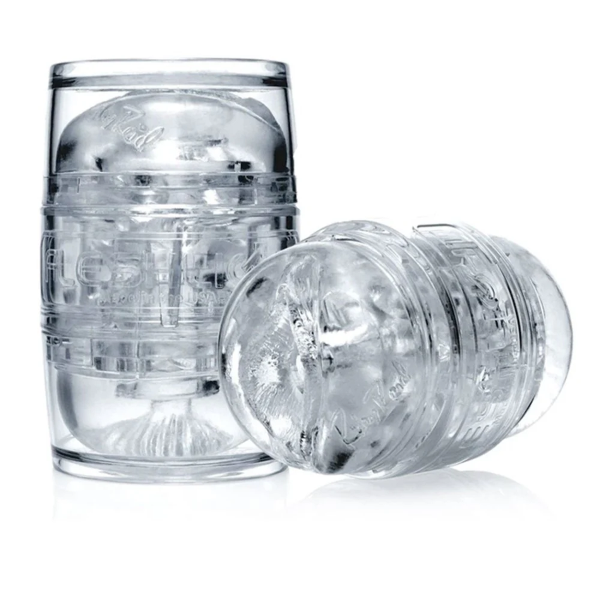 Two clear Riley Reid Fleshlight Quickshot masturbators, one standing upright and one lying horizontally. Main image