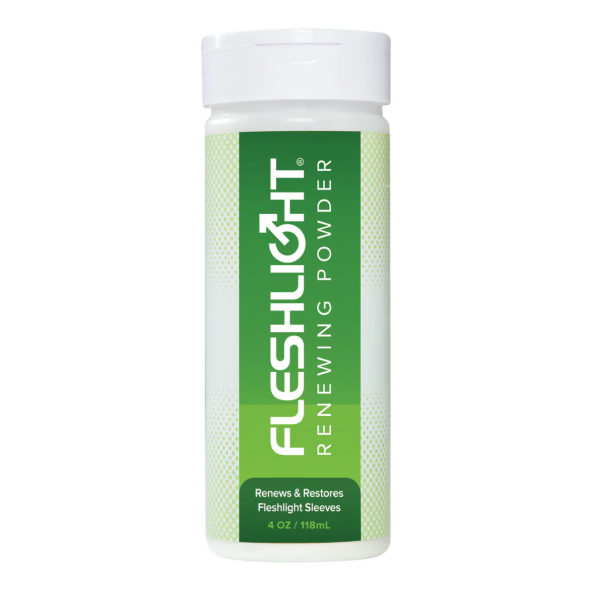 Bottle of Fleshlight Renewing Powder, 4 fl. oz., in the white background, used to renew and restore Fleshlight sleeves. Main image