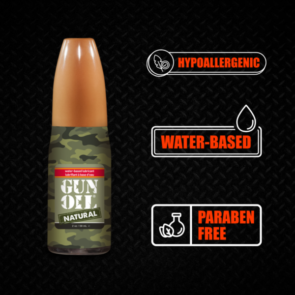 Bottle of GUN OIL Natural water-based lubricant in camouflage print, with labels for Hypoallergenic, Water-Based, and Paraben Free.