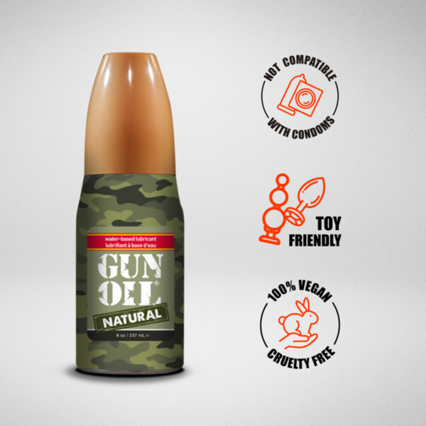 An image of GUN OIL Natural water-based lubricant in camouflage print, with labels for Not Compatible with Condoms, Toy Friendly, and 100% Vegan/Cruelty Free.