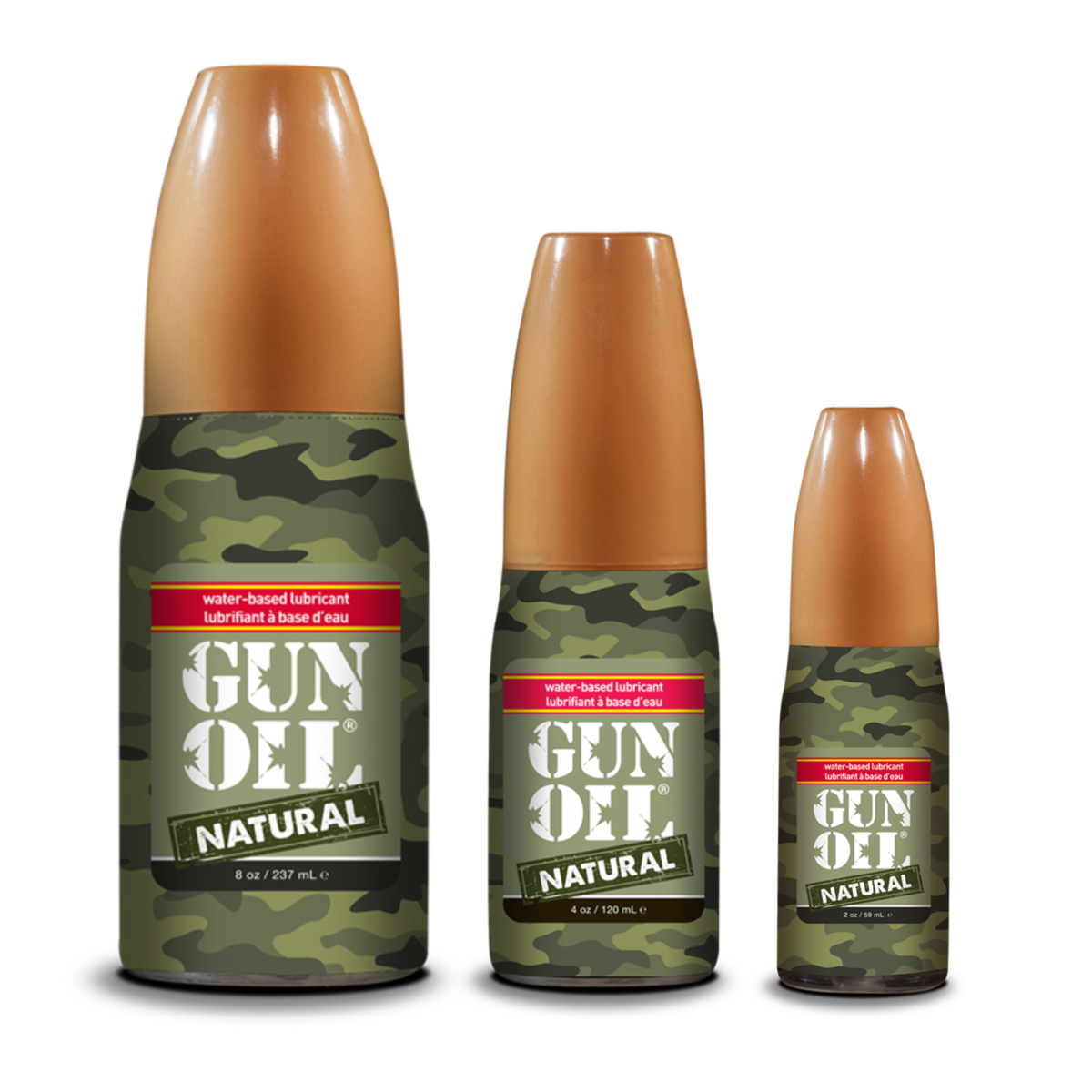An image of GUN OIL Natural Water-based lubricant in 59ml, 120ml and 237ml in a white background. Main image