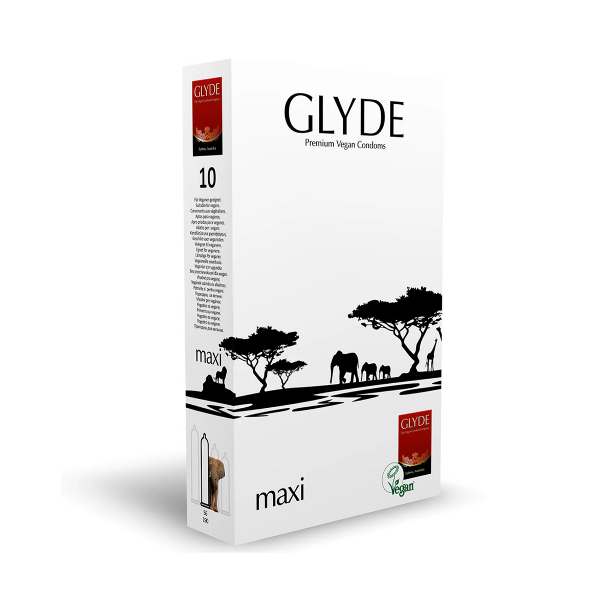 A box of Glyde Maxi condoms. The box is white, with a black silhouette of an African savanna landscape with elephants and giraffes. The words "GLYDE Premium Vegan Condoms" are written in black capital letters near the top. The words "maxi" are written in smaller black letters below the silhouette. The side of the box indicates it contains 10 condoms. Main image