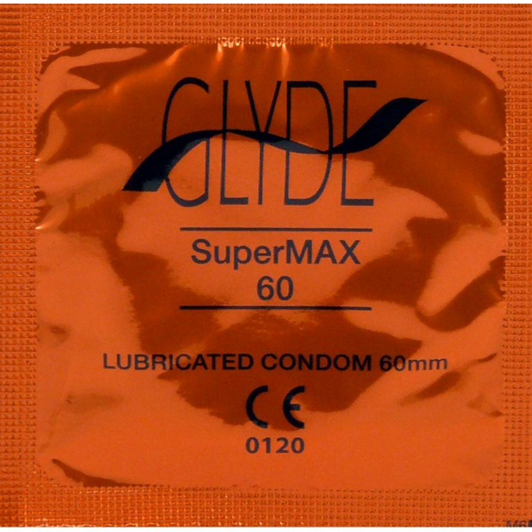 A close-up of a single Glyde SuperMAX condom wrapper. The wrapper is orange. The word "GLYDE" is written in black capital letters. Below it, the words "SuperMAX 60" are written in black. The wrapper also states "LUBRICATED CONDOM 60mm" and has the "CE 0120" mark.