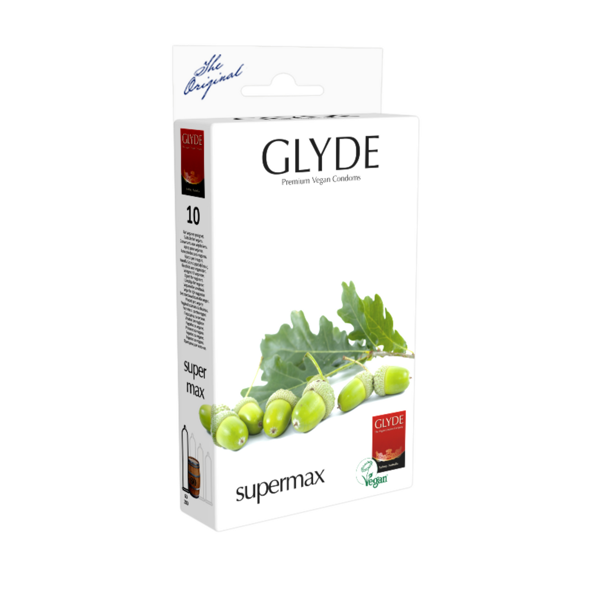A box of Glyde SuperMax condoms. The box is white, with a sprig of green oak leaves and acorns across the bottom. The words "GLYDE Premium Vegan Condoms" are written in black capital letters near the top. The words "supermax" are written in smaller black letters below the acorns. The side of the box indicates it contains 10 condoms. 