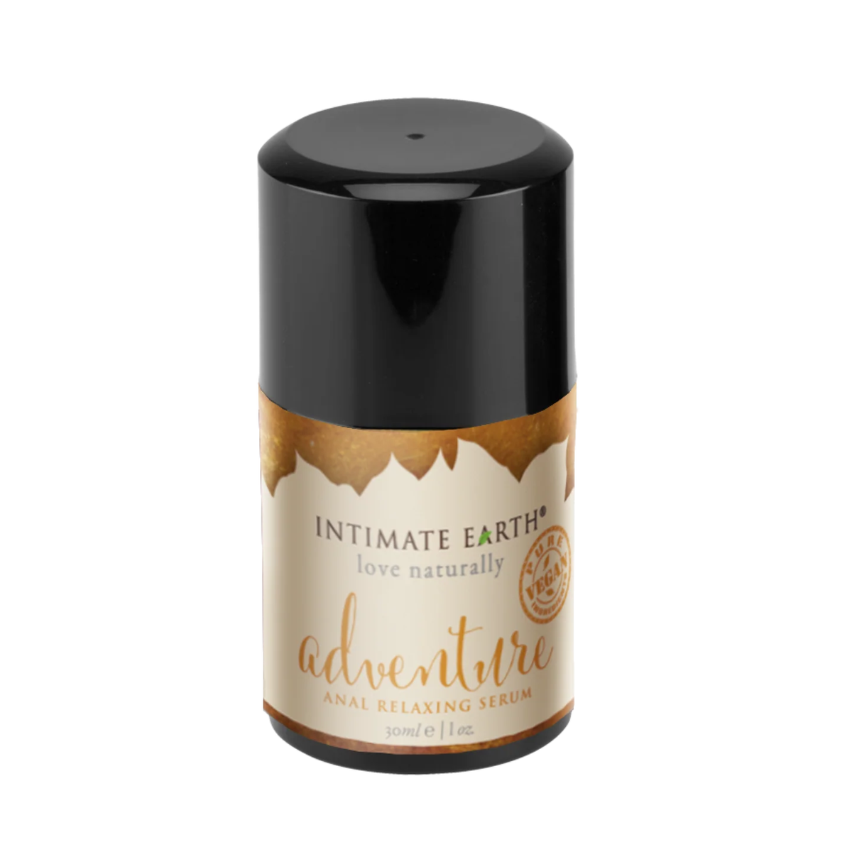 Isolated product view of the compact 30 ml (1 fl oz) Intimate Earth Adventure anal relaxing serum pump bottle featuring a large black overcap and gold-accented label with pure vegan seal. Main image