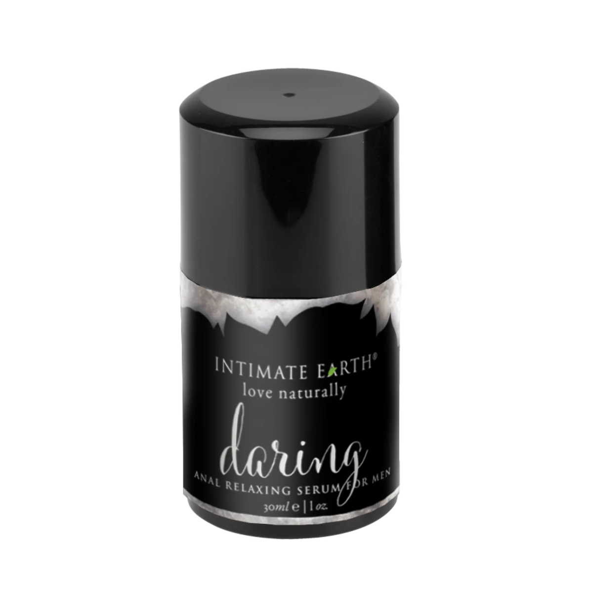 Isolated product view of the compact 30 ml (1 fl oz) Intimate Earth Daring anal relaxing serum pump bottle for men, featuring a black overcap and dark marble-accented label. Main image