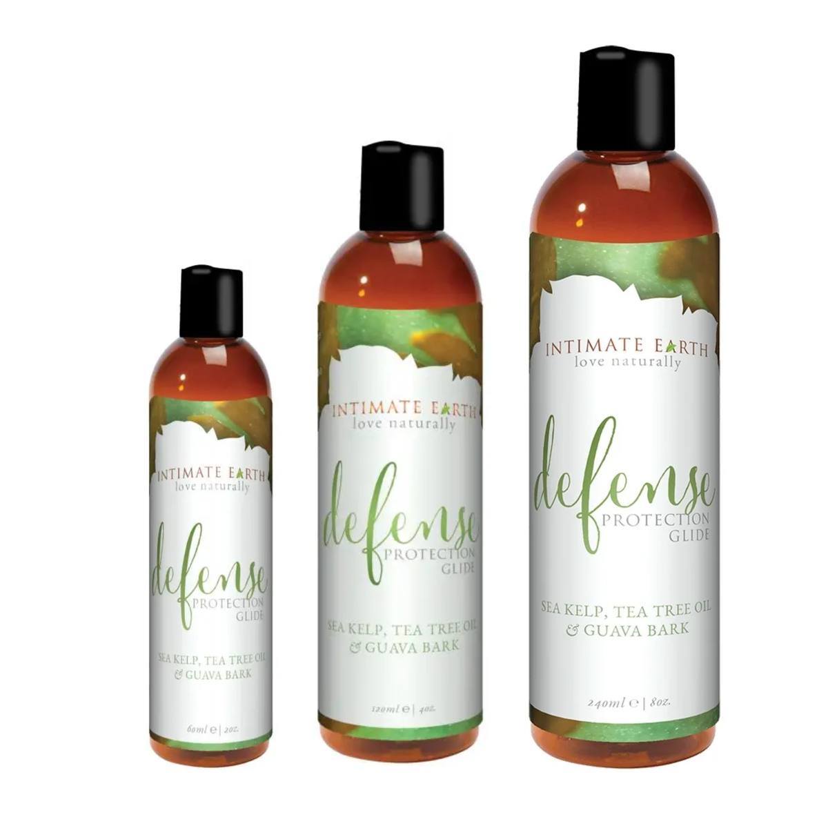 Size comparison view showing three amber bottles of Intimate Earth Defense protection glide standing side by side in 60 ml (2 fl oz), 120 ml (4 fl oz), and 240 ml (8 fl oz) capacities. Main image
