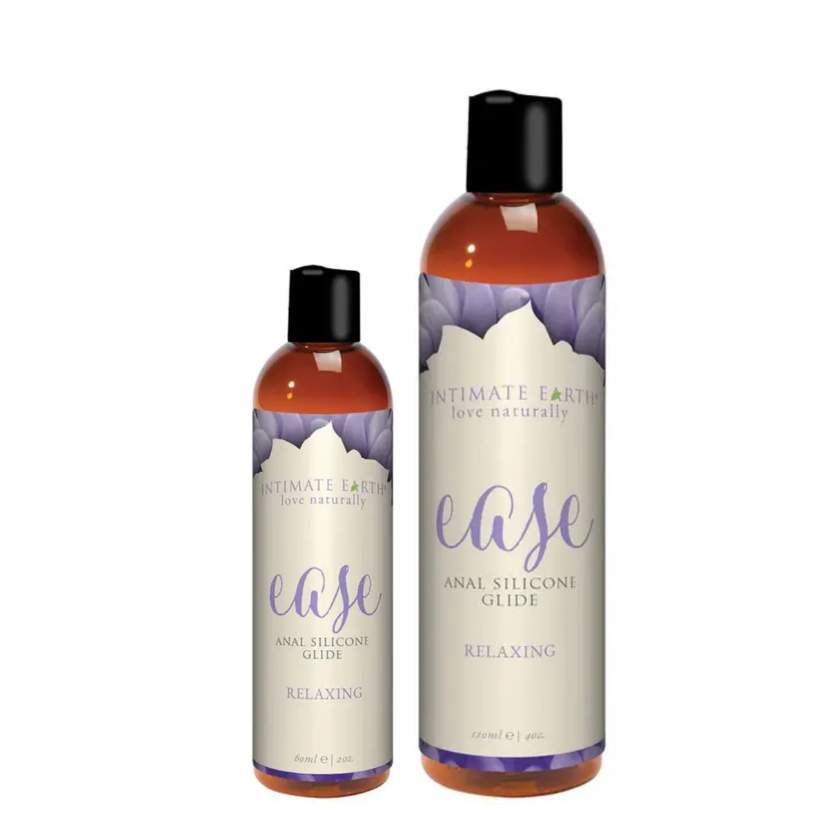 Size comparison view showing two amber bottles of Intimate Earth Ease relaxing anal silicone glide standing side by side in 60 ml (2 fl oz) and 120 ml (4 fl oz) capacities. Main image