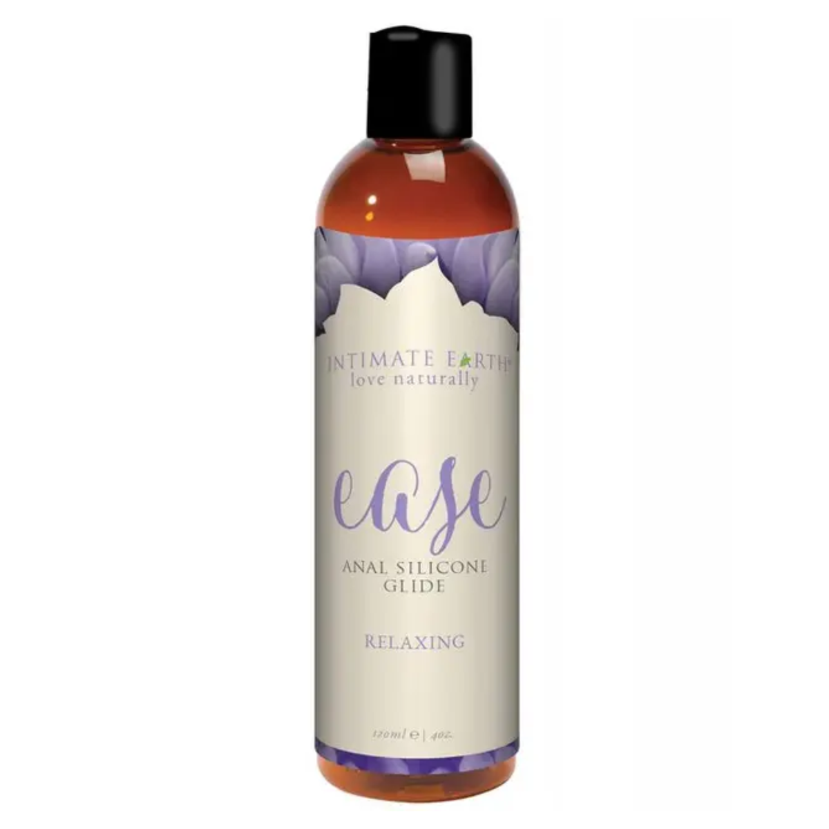 Direct studio shot of the medium 120 ml (4 fl oz) amber bottle of Intimate Earth Ease relaxing anal silicone glide with a black cap.