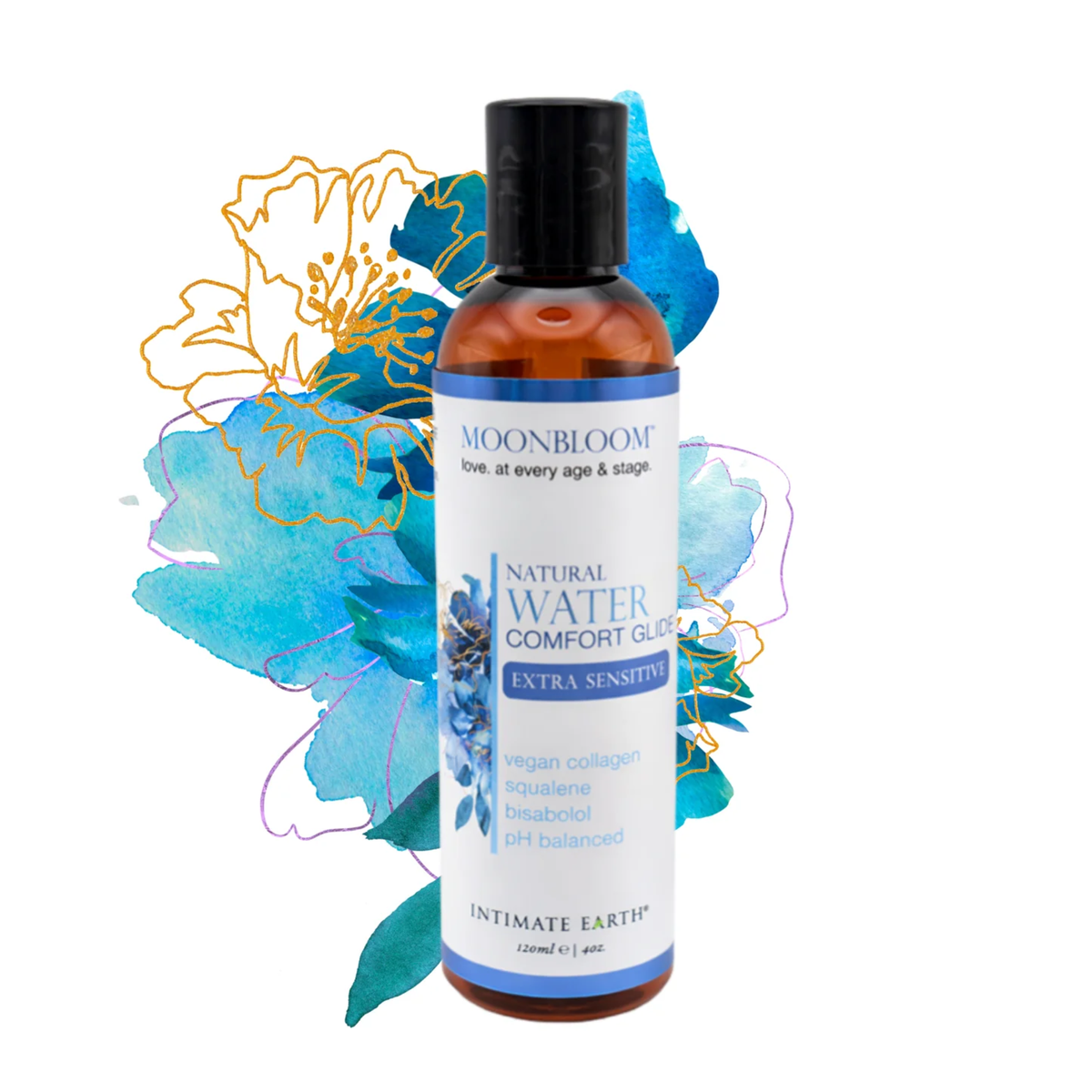 Artistic product display showing the 120 ml (4 fl oz) bottle of Intimate Earth Moon Bloom water comfort glide centered over a blue and gold watercolor floral backdrop.