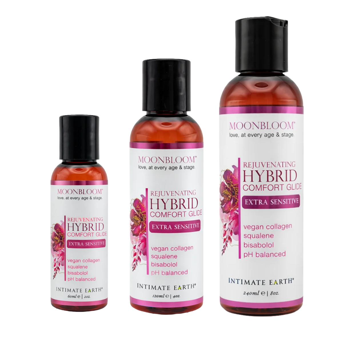 Size comparison view showing three amber bottles of Intimate Earth Moon Bloom hybrid comfort glide standing side by side in 60 ml (2 fl oz), 120 ml (4 fl oz), and 240 ml (8 fl oz) capacities. Main image
