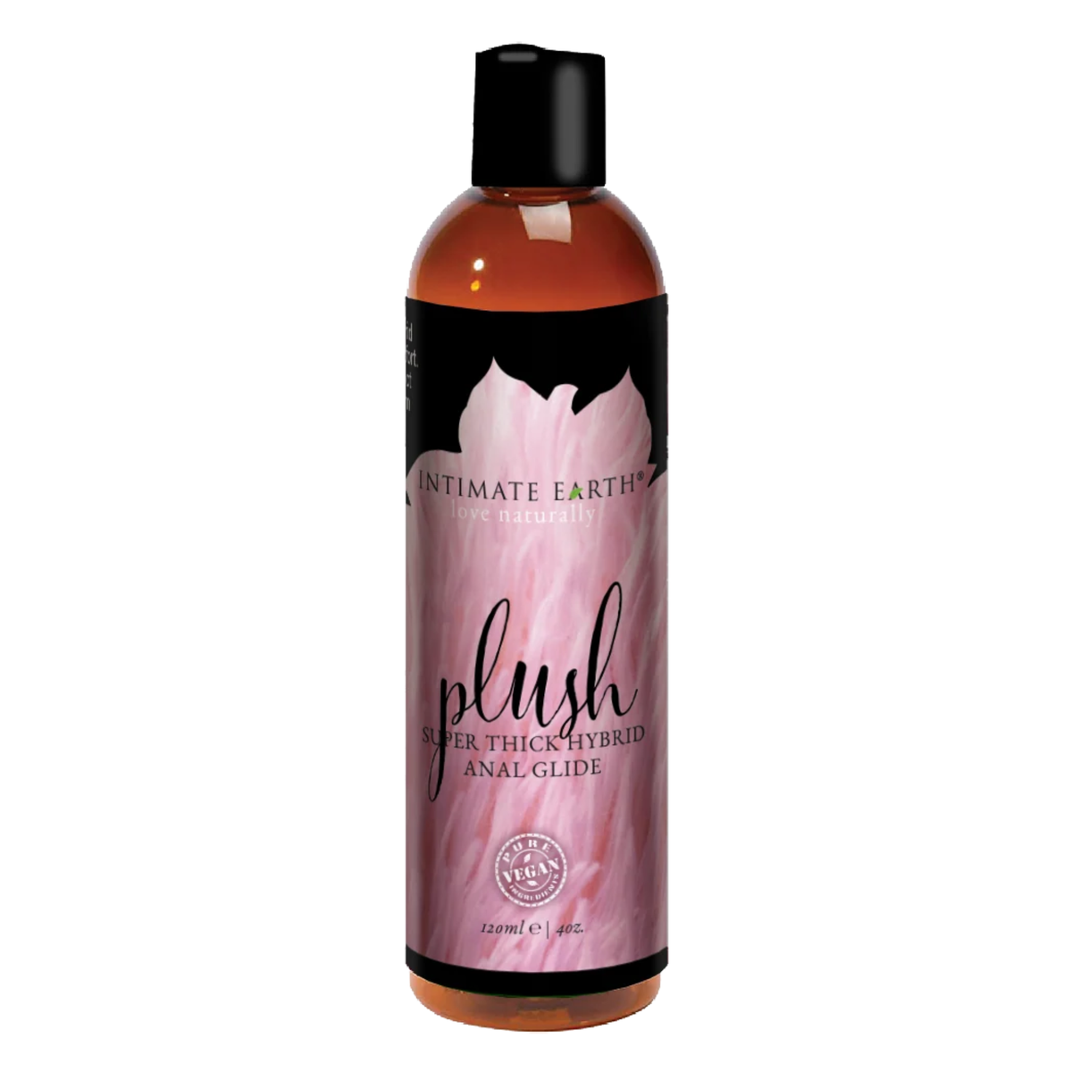 Front studio view of the medium 120 ml (4 fl oz) amber bottle of Intimate Earth Plush super thick hybrid anal glide.