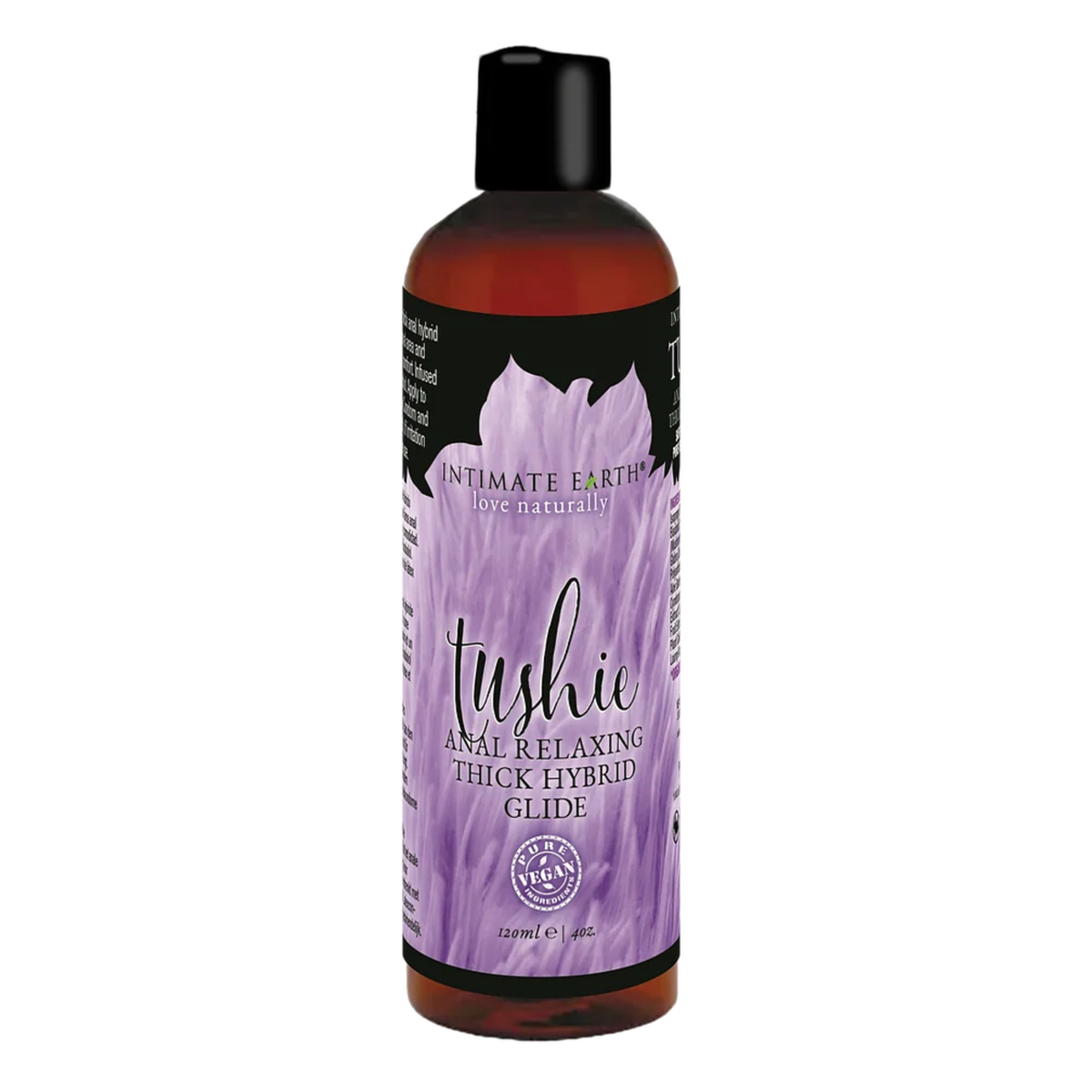 Front studio view of the 120 ml (4 fl oz) amber bottle of Intimate Earth Tushie anal relaxing thick hybrid glide, featuring a lavender flower design label and black disc cap.