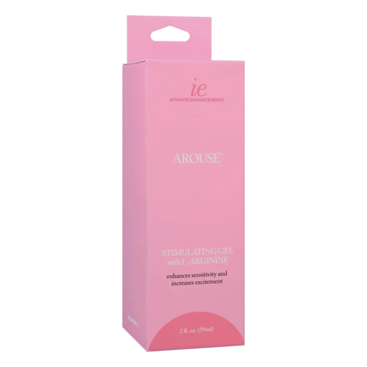Perspective view of the light pink hanging retail box for Intimate Enhancements Arouse Stimulating Gel with L-Arginine, displaying key benefit claims ("enhances sensitivity and increases excitement") and 2 fl oz (59ml) volume branding.