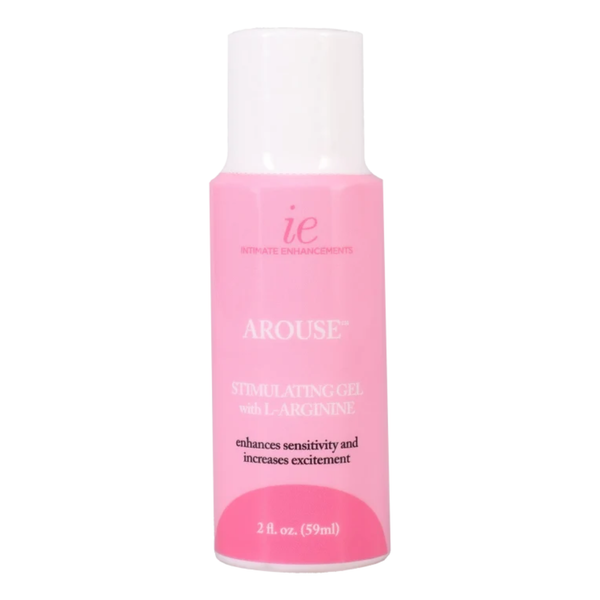 Front studio shot of the 2 fl oz (59 ml) bottle of Intimate Enhancements Arouse Stimulating Gel with L-Arginine, featuring pink branding and a white cap.