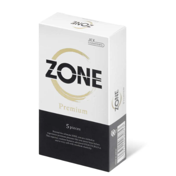 Perspective view of the white and black Jex Zone Premium 5-pack box featuring a gold brush-stroke circle logo.