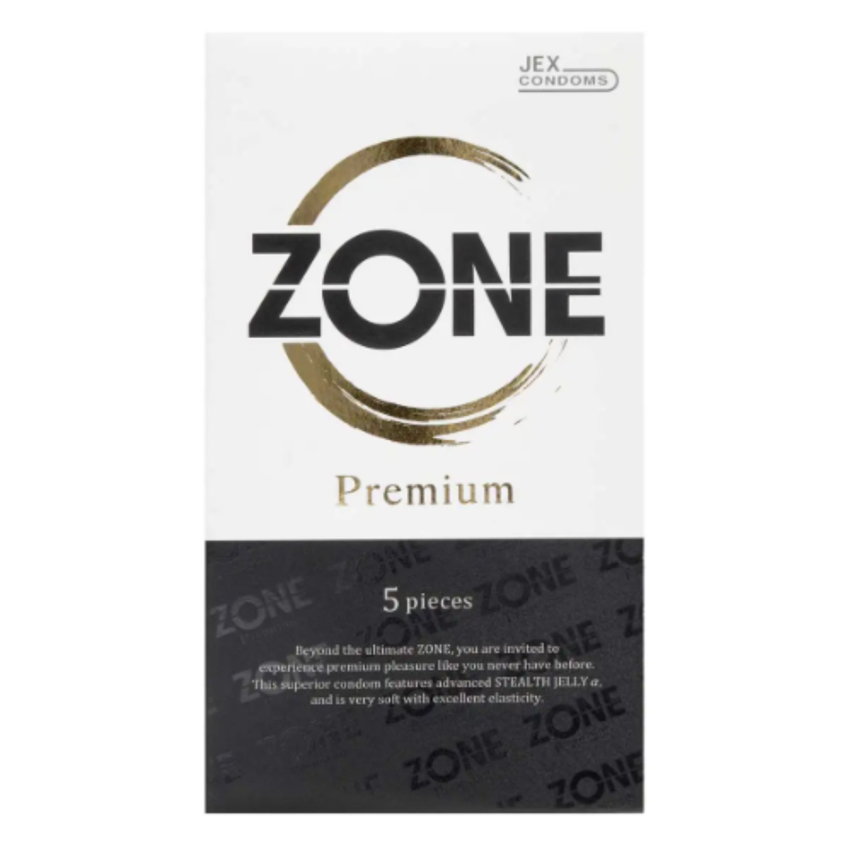 Front packaging shot of the Jex Zone Premium Large box with gold-foil accents and "5 pieces" text.