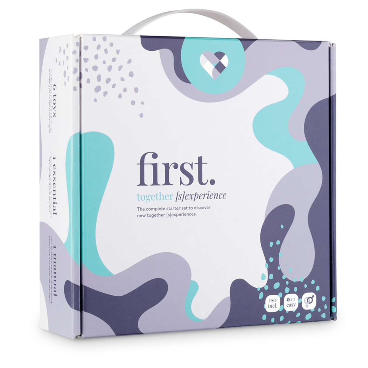 Front view of the white, teal, and purple box for the LoveBoxxx First Together Starter Set. Main image