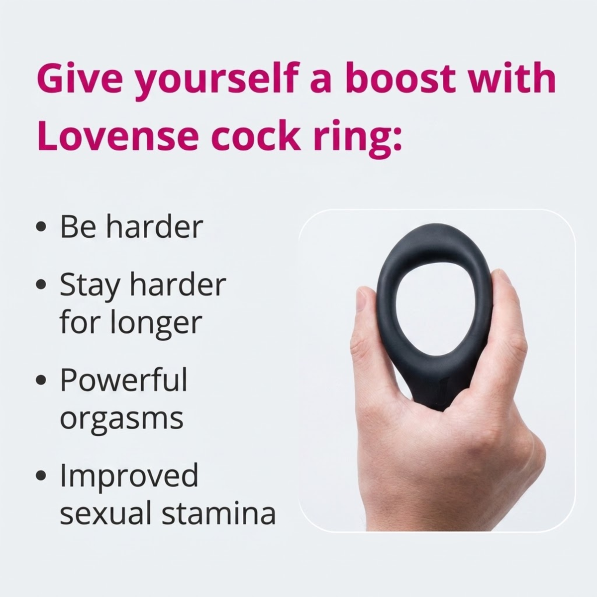 Feature graphic titled "Give yourself a boost with Lovense cock ring", highlighting key benefits alongside a photo of a hand holding the black ring.