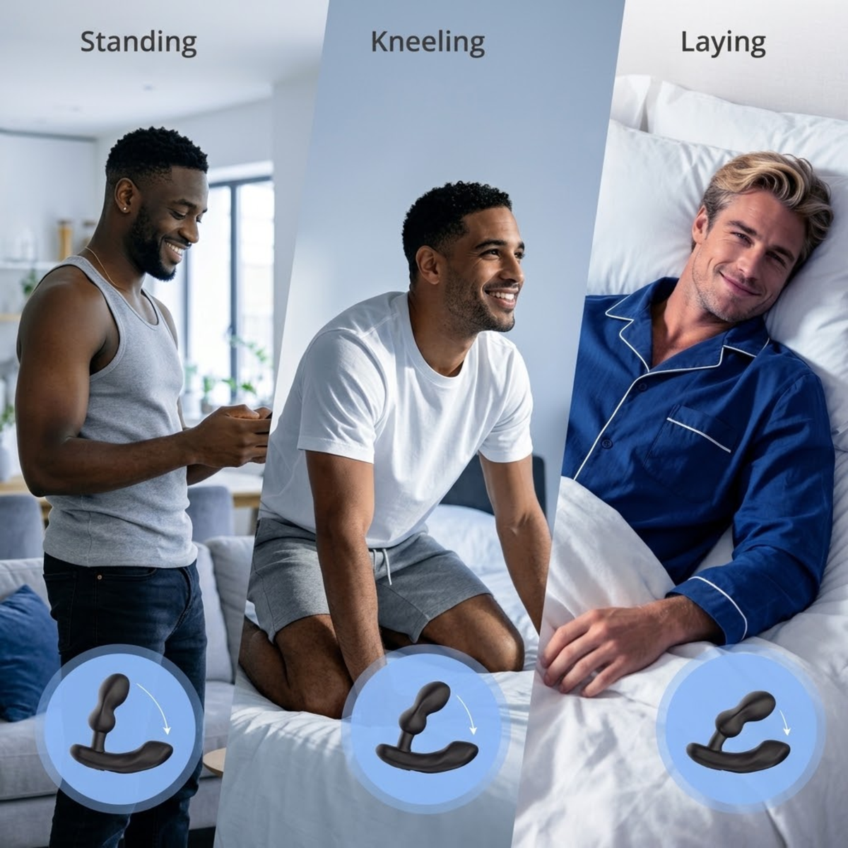 Graphic showing three usage positions (Standing, Kneeling, Laying) to demonstrate the adjustable neck design of the massager.