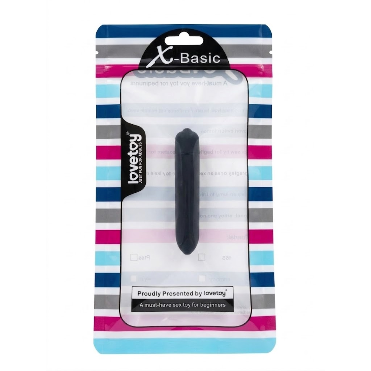 Retail packaging shot showing the matte black Lovetoy X-Basic bullet vibrator displayed inside a striped hanging pouch with a clear window. Main image